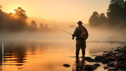 Man fishing in the river in the morning.