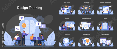 Design Thinking dark or night mode set. Innovative solution finding from user surveys to results analysis. Collaborative brainstorming, ideation, and testing processes. Flat vector illustration