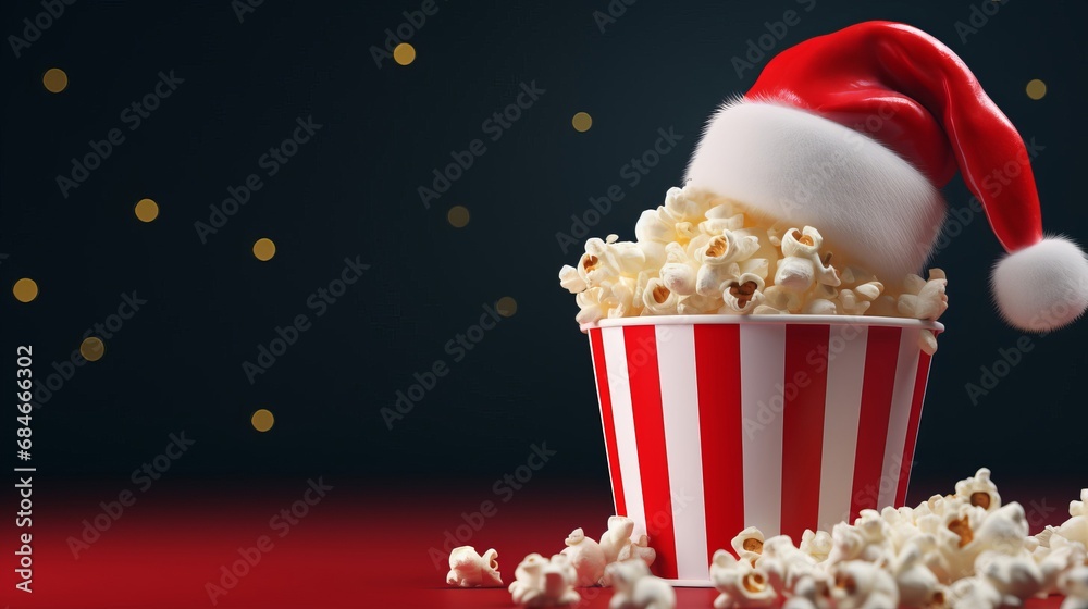 A Festive Treat for Movie Lovers: Red and White Striped Popcorn Bucket with Santa Hat vector art