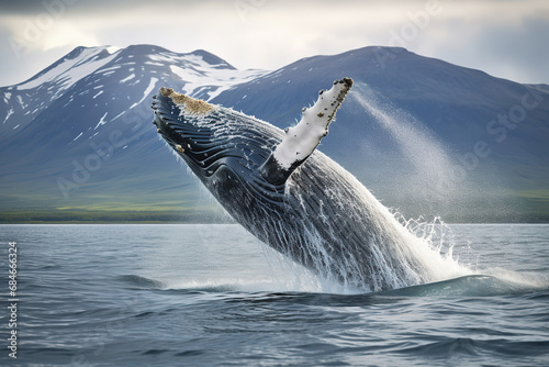 Humpback Whale (Megaptera novaeangliae) breaching near Husavik City in Iceland. © arhendrix
