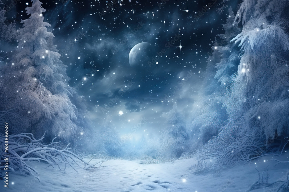 Naklejka premium Fairy forest covered with snow in a moon light. Milky way in a starry sky. Christmas and New Year winter night