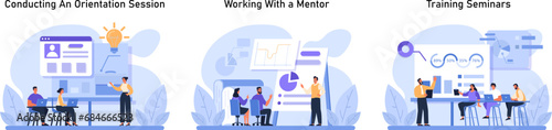 Professional Development set. Employees engaging in various learning activities. Orientation session, mentor guidance, and data-driven seminars. Flat vector illustration. photo