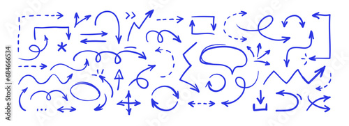 Set of thin doodle hand drawn arrows. Collection of isolated cartoon sketchy arrows, symbols, signs, icons, design elements. Simple vector graphical illustration.