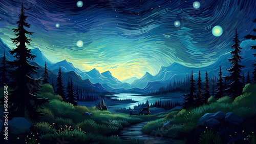 Hand-drawn beautiful illustration of Van Gogh's Impressionist night starry sky outdoor scenery
