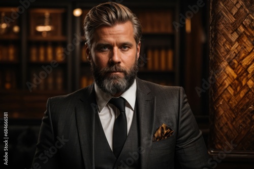 Portrait of a serious 40-50-year-old businessman with a beard wearing a stylish black suit in a dark room.