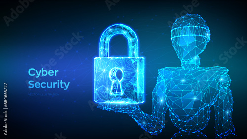 Lock. Cyber security. Abstract 3d low polygonal robot holding Padlock With Keyhole icon. Protect and Security or Safe concept. Cyber data security or information privacy idea. Vector Illustration.