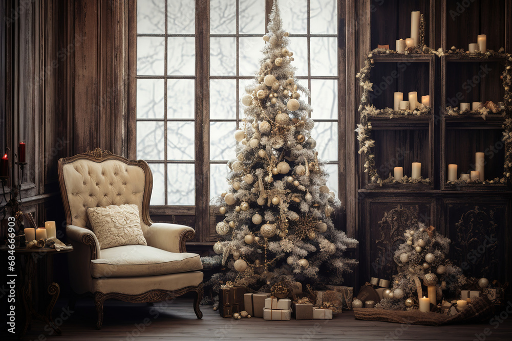 Christmas or new year interior with a Christmas tree Christmas or new year interior with a Christmas tree