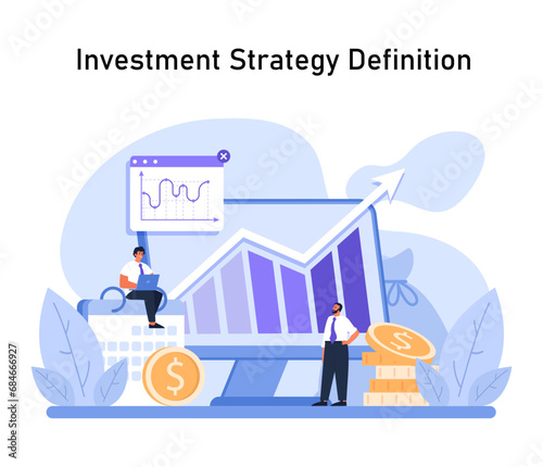 Strategic Investment Planning. Defining robust investment strategies, analyzing market graphs for wealth growth. Expert financial planning in action. Flat vector illustration.