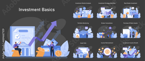 Investment basics set. Financial growth strategies, market analysis, and asset management. Essential concepts for portfolio building and income investment. Flat vector illustration.