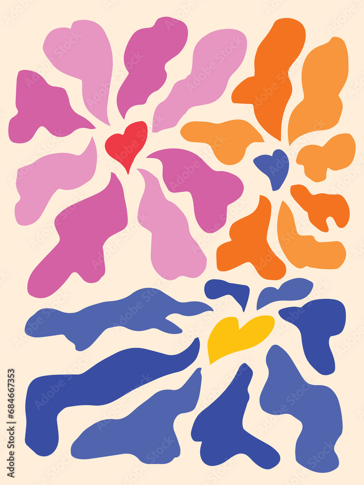 Abstract blue, pink, and orange fluid tshirt or poster design flowers vector illustration isolated on light yellow vertical background. Simple flat cartoon minimalist art styled drawing template.