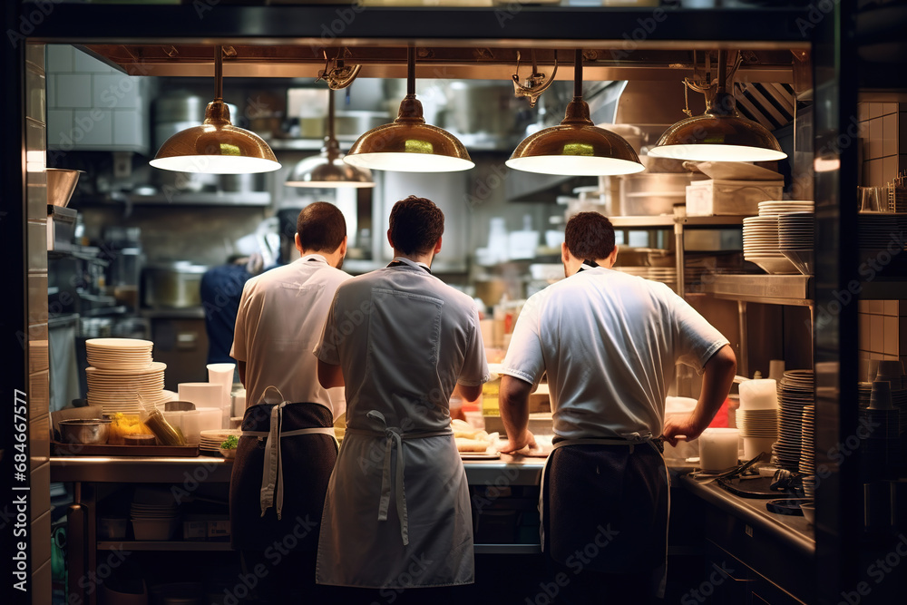 back view of Group chefs busy in commercial kitchen of fine dinning restaurant - obrazy, fototapety, plakaty 
