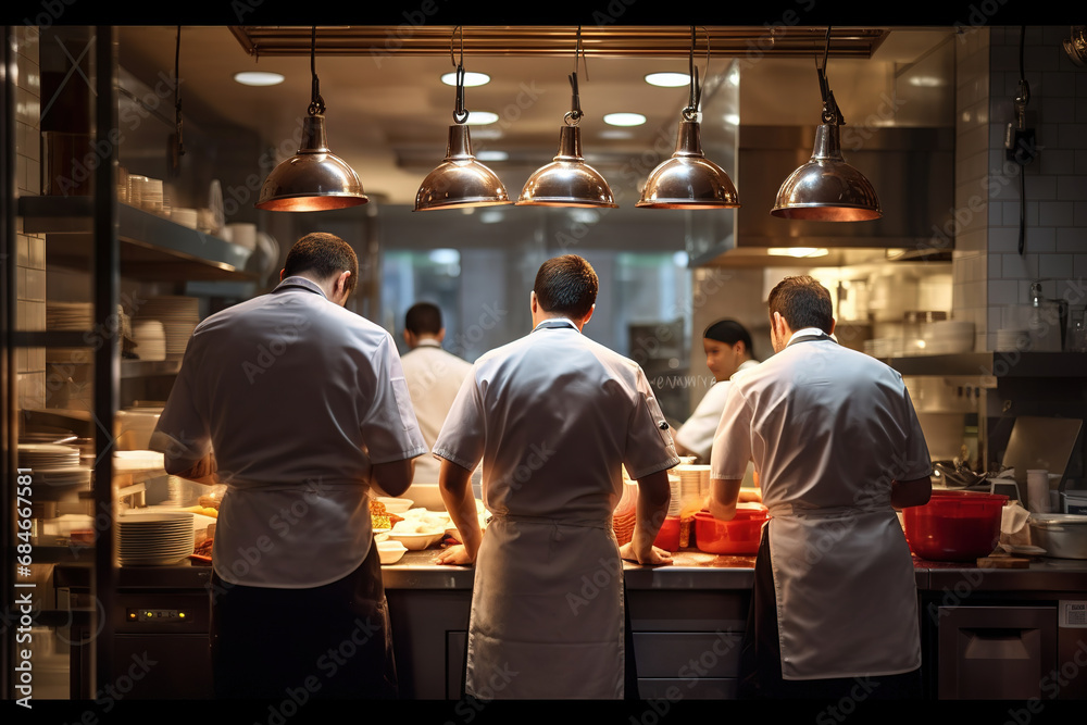 back view of Group chefs busy in commercial kitchen of fine dinning restaurant - obrazy, fototapety, plakaty 