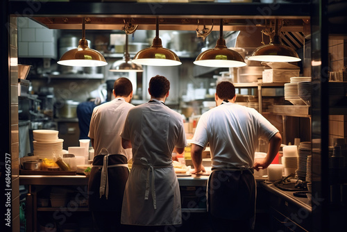 back view of Group chefs busy in commercial kitchen of fine dinning restaurant