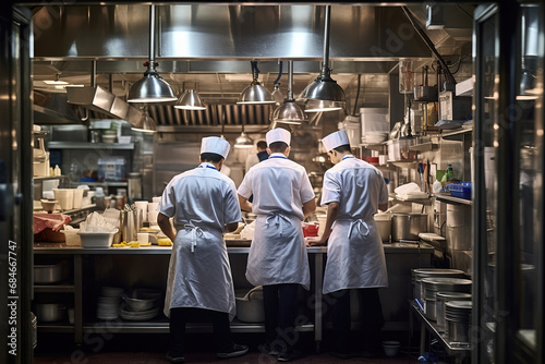 back view of Group chefs busy in commercial kitchen of fine dinning restaurant photo