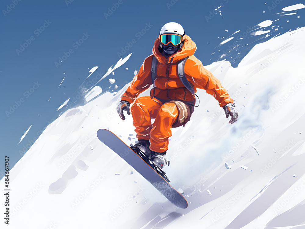 Snowboarder slides down the mountain, winter sports, colorful flat illustration. Generative AI