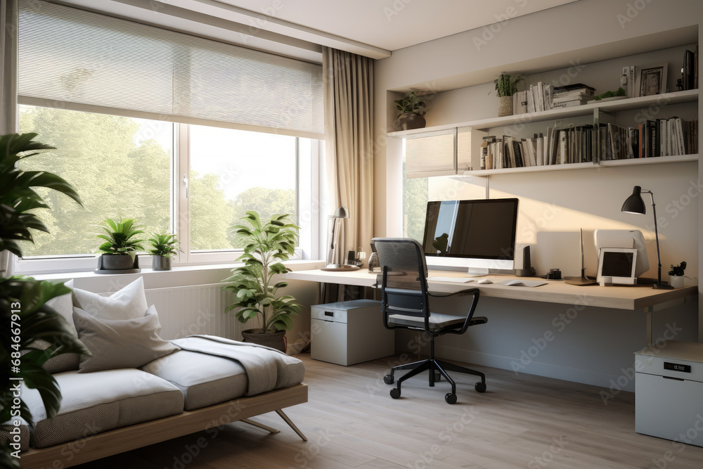 Modern home office in the living room, Convenient, comfortable, nice place to work, Remote work from home, Minimal interior decor design background.