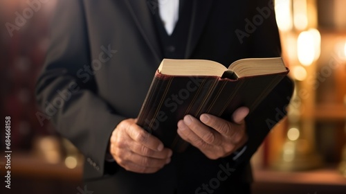 Catholic priest in black robe holds Holy Bible standing in old church closeup. Senior pastor with book prepares for service in wooden building. Man of God prays during ceremony in country church