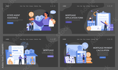 Mortgage and real estate set. Families exploring housing options, signing contracts, and calculating payments. Estate agent guidance, formal procedures. Flat vector illustration.