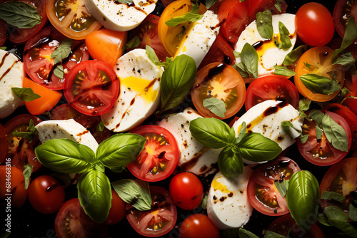 Caprese salad with tomatoes, mozzarella, basil, and balsamic vinegar, close-up. photo