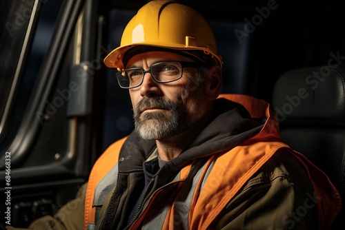 Truck driver wearing hard hat and safety glasses while driving a truck