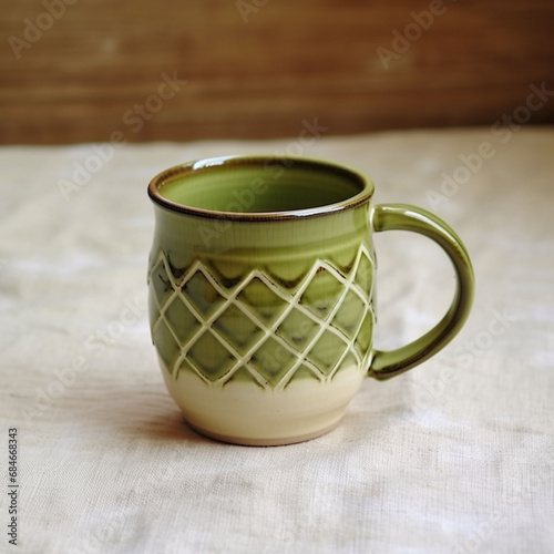 Cup of tea or coffee on tablecloth with wooden background.AI generated