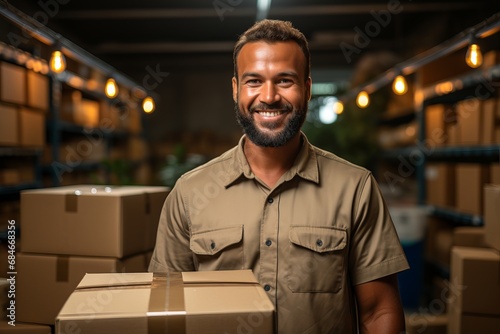 In a warehouse setting, a male delivery operative in uniform is surrounded by boxes and parcels.