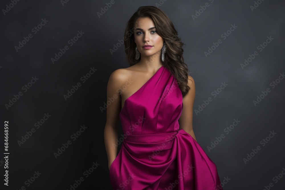 An elegant model in a bold fuchsia dress, standing gracefully in front of a sleek charcoal gray backdrop. An elegant model in a bold fuchsia dress, standing gracefully in front of a sleek charcoal gray backdrop.
