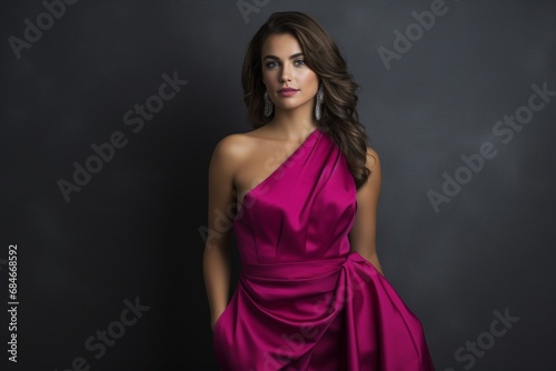 An elegant model in a bold fuchsia dress, standing gracefully in front of a sleek charcoal gray backdrop.