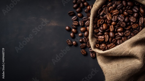 Aromatic Delight: A Richly Textured Sack of Coffee Beans on a Dark and Mysterious Canvas vector art photo