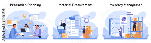 Supply Chain Management set. Illustrating the seamless flow of production planning, material procurement, and inventory management. Strategic business operations in modern design. vector illustration photo