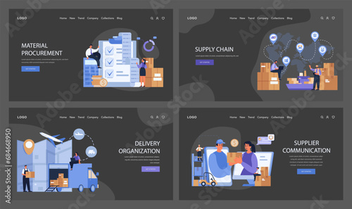 Supply Chain set. Comprehensive stages of logistics from production to feedback analysis. Optimized material flow, effective delivery and quality assurance. Flat vector illustration