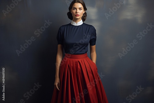 An elegant model in a bold red skirt and top, standing gracefully against a backdrop of deep navy.