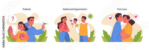 Adolescent Development stages set. Depicts curious puberty phase, intense egocentrism during adolescence, and the tenderness of first love. Evocative emotional journey. Flat vector illustration photo