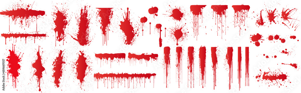 Diverse Set of Grunge Red Blood Splatters and Drips for Horror and Thriller Designs. Realistic views of red paint texture with great detail. Vector illustration - obrazy, fototapety, plakaty 
