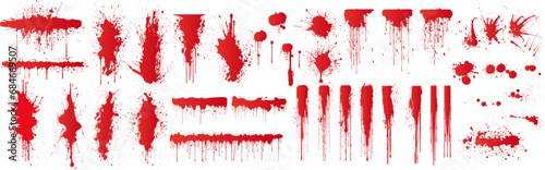 Diverse Set of Grunge Red Blood Splatters and Drips for Horror and Thriller Designs. Realistic views of red paint texture with great detail. Vector illustration photo