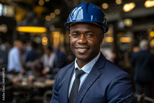 A designer or engineer with a deeper skin tone assesses the work progress at a construction site. Evaluation. Technician. Safety headgear. Building.