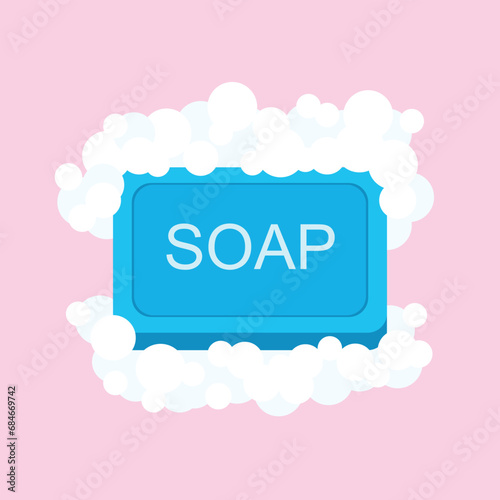Clean Bar Soap Bubbles Hygiene Concept. Bath Foam Beauty Bar Illustration Cartoon. Fragrant Soap for Health and Wellness Idea.