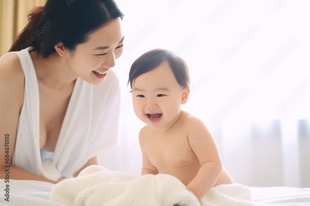 Bond of Joy, Asian Mother and Baby Share Laughter and Playfulness in a Heartwarming Scene Bond of Joy, Asian Mother and Baby Share Laughter and Playfulness in a Heartwarming Scene