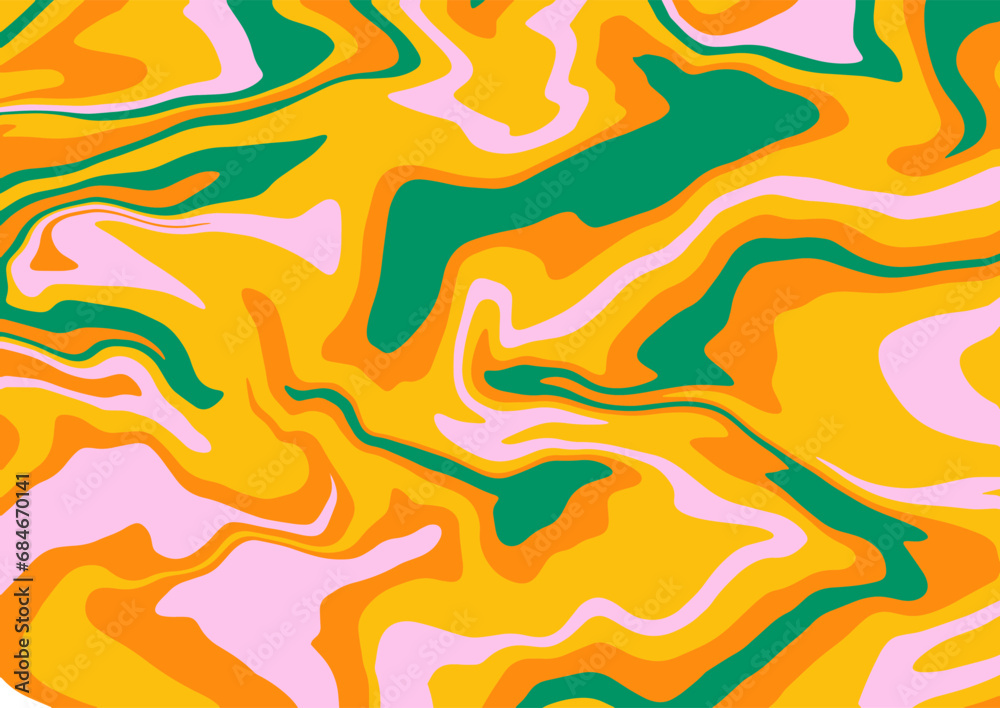Groovy wavy Abstract retro art aesthetic background in 70s style. Trendy 1960s color waves groove liquid backdrop. Psychedelic vintage design. Wallpaper trippy Vector illustration.