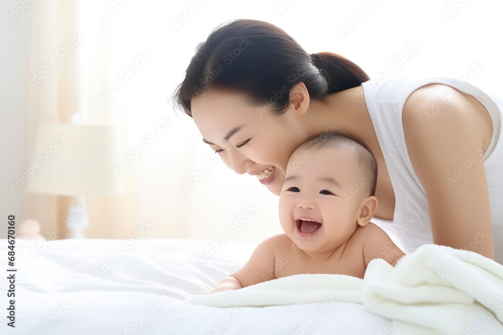 Bond of Joy, Asian Mother and Baby Share Laughter and Playfulness in a Heartwarming Scene