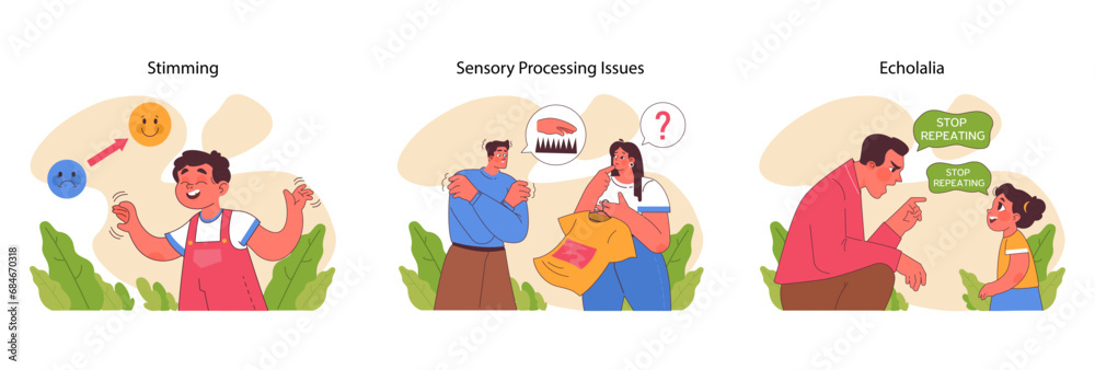Autism spectrum coping strategies set. Illustrates stimming, sensory processing issues, and echolalia in individuals with ASD. Encourages understanding and support. Flat vector illustration