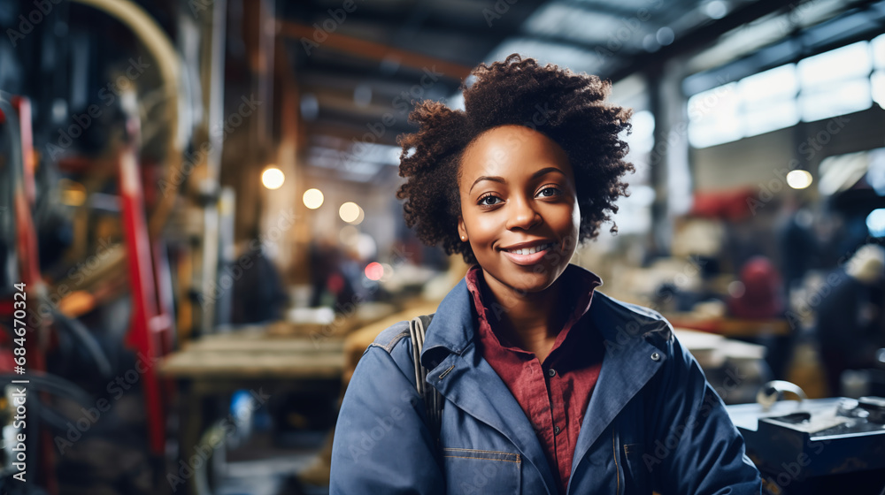 Fototapeta premium Portrait of happy african american female working in a workshop