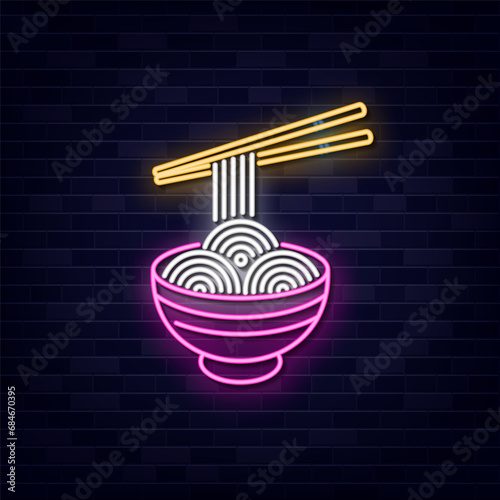 Ramen neon sign, bright signboard, light banner. Ramen logo neon, Vector illustration