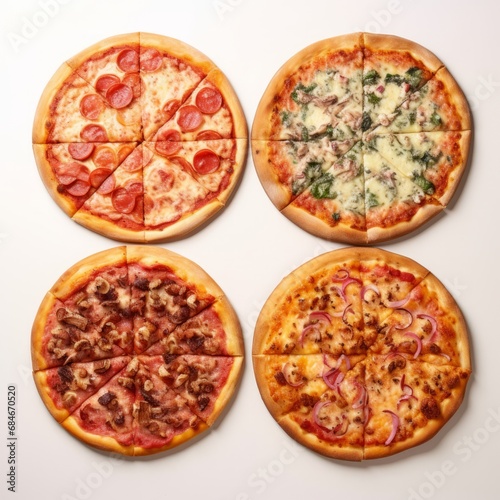 Four Delicious Types of Pizza on a Clean White Tablecloth