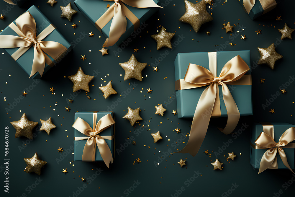 Green gifts with golden bows and ribbon, view from above