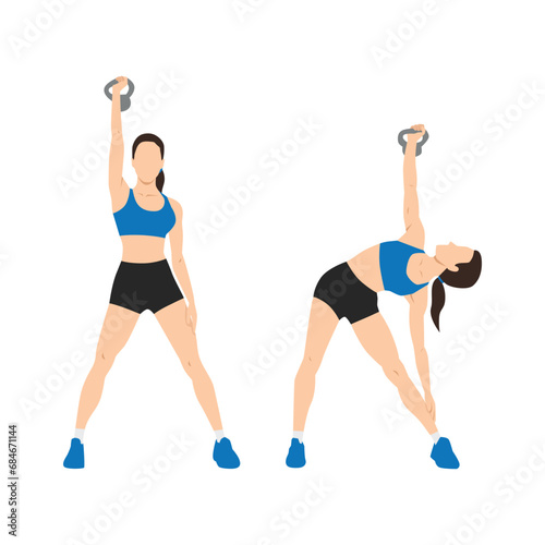 Woman doing Kettlebell windmills exercise. Flat vector illustration isolated on white background.