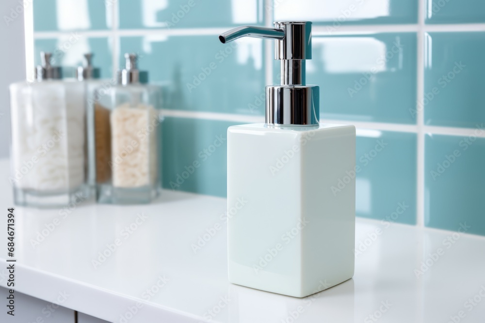 Soap dispenser in bathroom window interior. AI Generated Soap dispenser in bathroom window interior. AI Generated