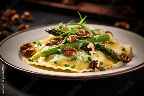 Gourmet Ravioli Dish with Green Beans and Walnuts on Dark Background