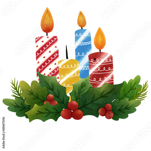 christmas candle with holly berries