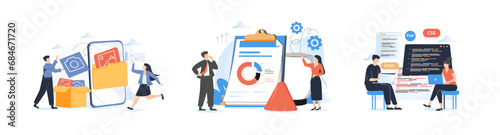 Team communication abstract concept vector illustration set. Meeting and brainstorm, online meetup, corporate